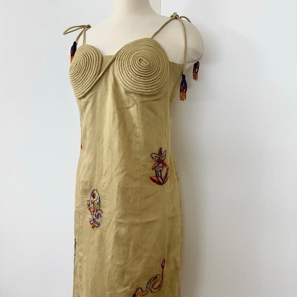 FARM Rio Embroidered Linen Blend Side Slit Midi Dress Ivory Beige M NWT - Picture 6 of 10